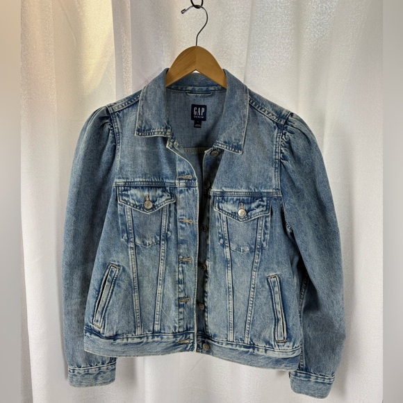 Gap Factory Puff Sleeve Icon Cropped Transitional Denim Jacket Coat NWOT Large - Picture 3 of 9